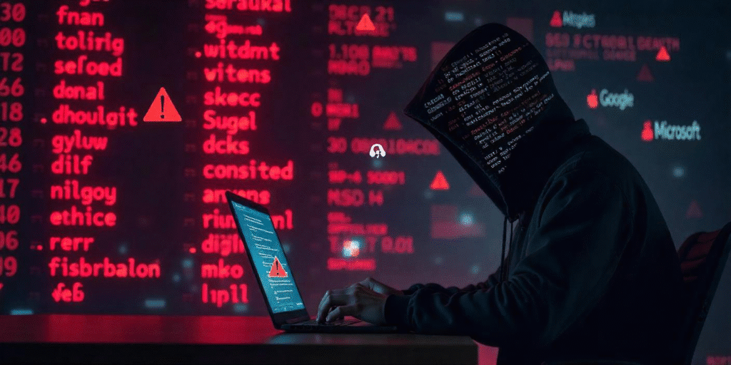 A hooded figure at a laptop in front of a dark digital wall displaying millions of leaked password and email addresses, with tech logos and warning signs.